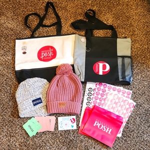 Perfectly Posh consultant items: tote bags, pins, winter hats, samples supplies